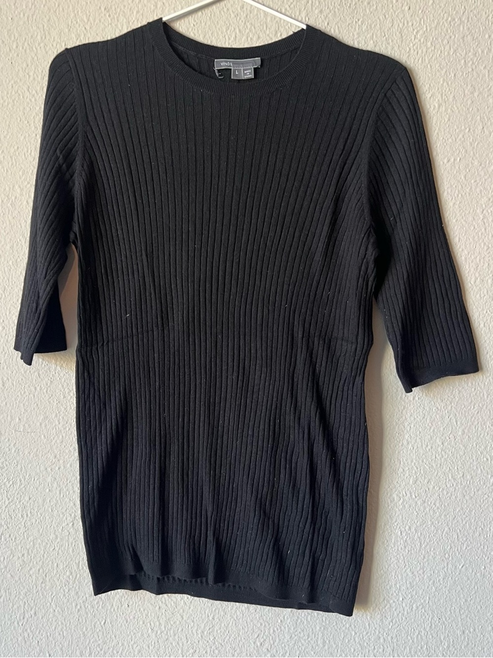 Vince Black Ribbed 3/4-Sleeve Crewneck Sweater